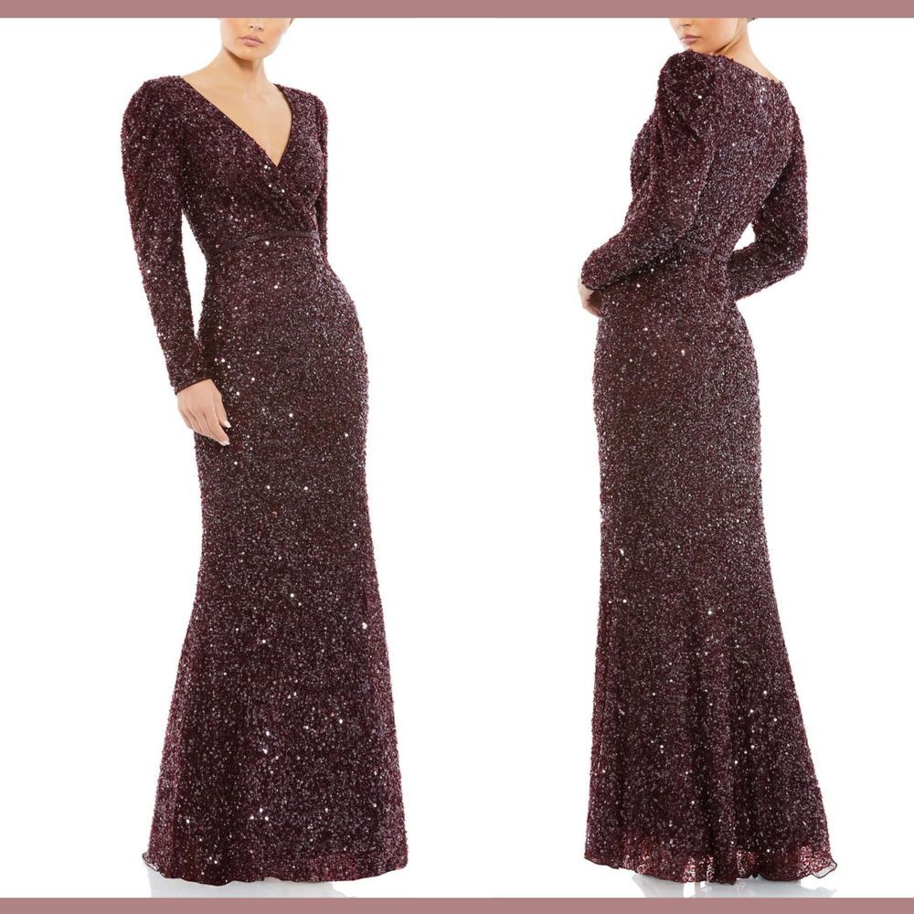 NWT Mac Duggal [ 10 ] V Neck Puff Shoulder Sequined Surplice Gown Mahogany J250‎ - Picture 2 of 15